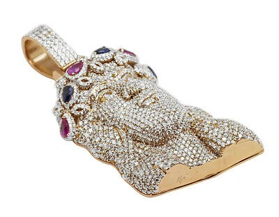Pre-owned Jewelry Unlimited Mens 10k Rose Gold Colorful Crown Jesus Real Diamond Pendant 9 4/5ct 2.8" In G-h