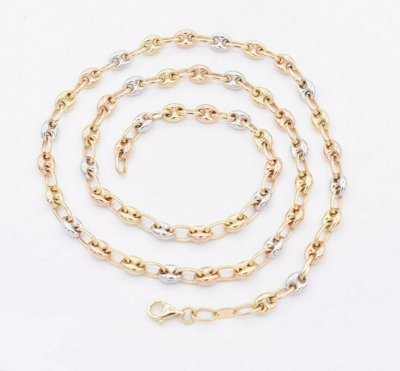 Pre-owned Bayam 5mm Puffed Mariner Link Chain Necklace Tricolor Real 14k Yellow White Rose Gold In 20"