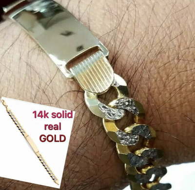 Pre-owned Handmade Gold Solid Mens Id Bracelet 14k Cuban Link Diamond Cut Him His 10mm 8.5” Inch In White