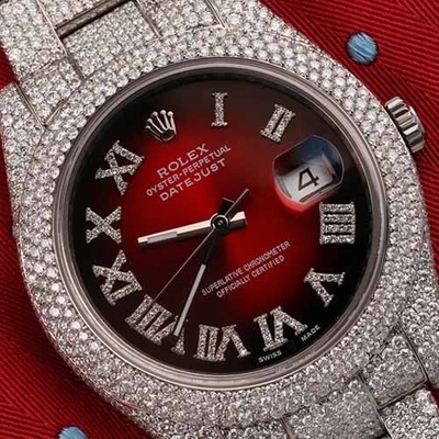 Pre-owned Rolex Datejust Ii 116300 Red Vignette Roman Diamond Dial Fully Iced Out 41mm Ss