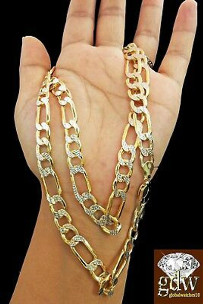 Pre-owned Globalwatches10 Real Gold Figaro Chain 28" 9mm Link Necklace 10k Yellow Gold Diamond Cuts Men's