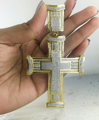 Pre-owned Halojeweler Hip Hop Jesus Cross Charm Pendant 3.85 Ct Round Cut Real Diamond 10k Yellow Gold In White