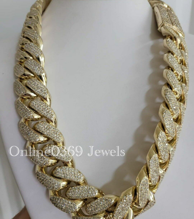 Pre-owned Online0369 Men's 925 Silver 24" X 26mm Real Moissanite Cuban Necklace Yellow Gold Plated In White