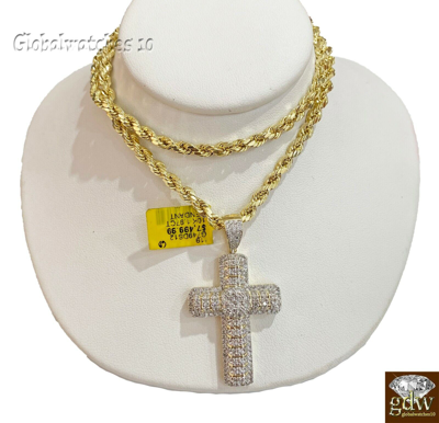 Pre-owned G&d Real Diamond Cross With Solid 10k Rope Chain 20 22 24 26 28 Inch, Vs Full Cut In Gold