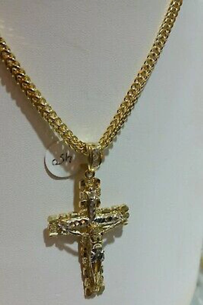 Pre-owned Globalwatches10 Real 10k Yellow Gold Mens Jesus Cross Charm/pendant With 22 Inch Franco Chain