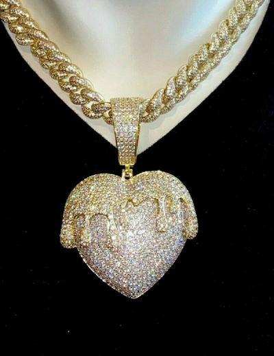 Pre-owned Handmade Men's 16ct Moissanite Vvs1 Cuban Chain & Heart Big Pendant Silver Passes Tester In Gold