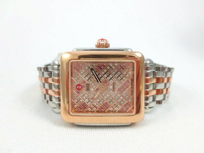 Pre-owned Michele Deco Mid Rose Gold Silver Limited Edition Topaz Watch Mww06v000081