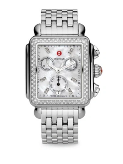 Pre-owned Michele Deco Day Mother Of Pearl Dial Diamonds Steel Ladies Watch (mww06p000099)