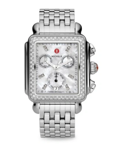 Pre-owned Michele Deco Day Mother Of Pearl Dial Diamonds Steel Ladies Watch (mww06a000775)