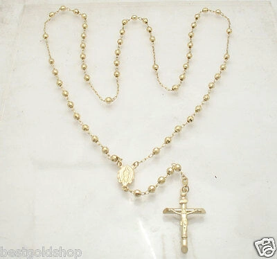 Pre-owned Bestgoldshop 4mm 26" Mens Diamond Cut Bead Ball Rosary Necklace Chain Real 14k Yellow Gold