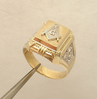 Pre-owned Bestgoldshop Men's Square Compass Masonic Pinky Signet Ring Real Solid 10k Yellow White Gold In Two-tone