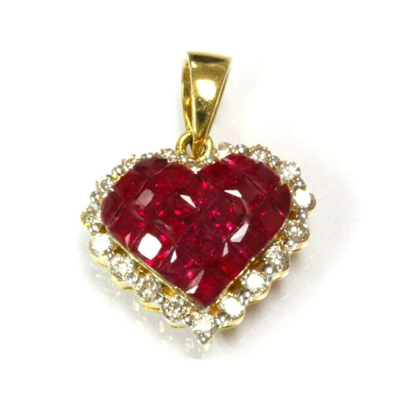 Pre-owned Jewelry By Arsa 1.55 Ctw Natural Ruby Diamond Solid 14k Yellow Gold Invisible Heart Pendant 20mm In Red