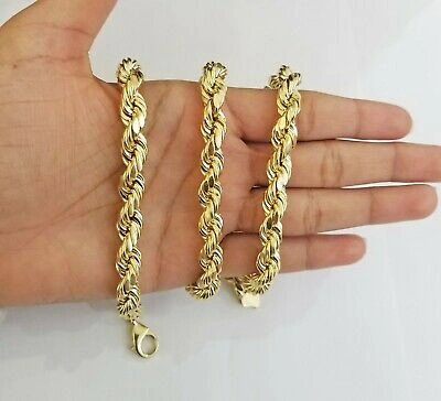 Pre-owned Globalwatches10 Real10k Yellow Gold Rope Chain 10mm 22" Men's Thick Necklace 10kt Diamond Cuts