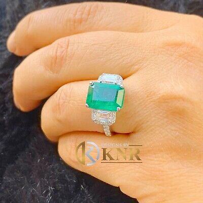 Pre-owned Emerald 14k White Gold Natural Green  And Round And  Diamonds Ring 5.50ct