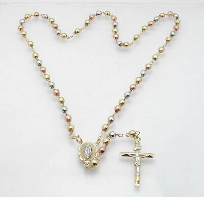 Pre-owned Bestgoldshop 5mm 20" Guadalupe Medal Cross Rosary Chain Necklace Real 10k Tricolor Gold