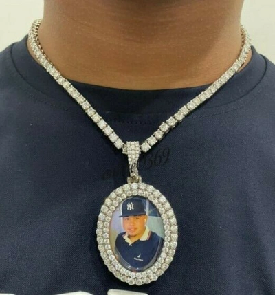 Pre-owned Online0369 Men's 4mm Natural Moissanite Custom Oval Picture Pendant Tennis Necklace Silver In White