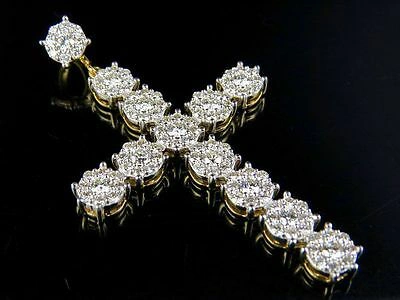 Pre-owned Jewelry Unlimited Men's 10k Yellow Gold Genuine Diamond Cluster Cross Pendant Charm 2 1/4 Ct 2"
