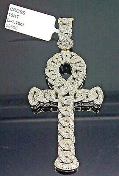 Pre-owned G&d 10k Gold Diamond Men Charm Pendant Ankh Cross Cuban Link Design Yellow Gold Real In White