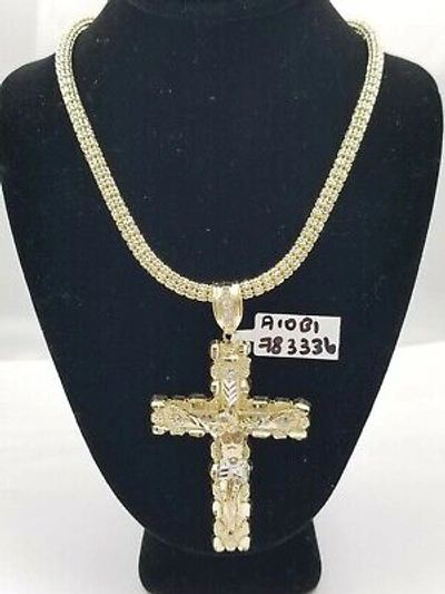 Pre-owned Globalwatches10 10k Gold Jesus Cross Charm 26" Iced Chain Bead Necklace Diamond Cut Nugget Real In Yellow