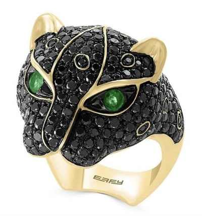 Pre-owned Effy New Black Diamond, Emerald ,yellow Gold Panther Ring/sz.7/$7,015