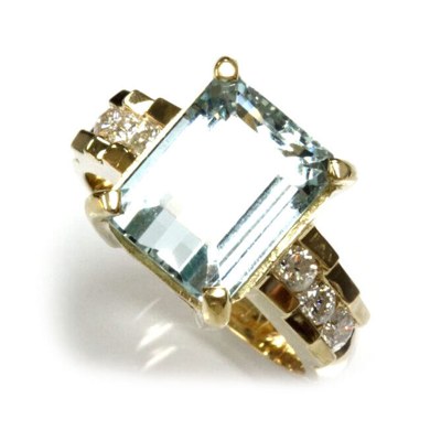 Pre-owned Jewelry By Arsa 5.5 Ct Tw Natural Blue Aquamarine & Diamond Solid 14k Yellow Gold Cocktail Ring In G-h