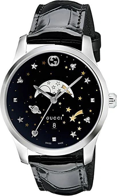 Pre-owned Gucci 40mm Ya126327 G-timeless Men's Moonphase Display Black Leather Watch