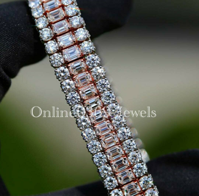 Pre-owned Online0369 Men's 28ct Round Emerald Moissanite Men's Tennis Bracelet Rose Gold Plate Silver In White