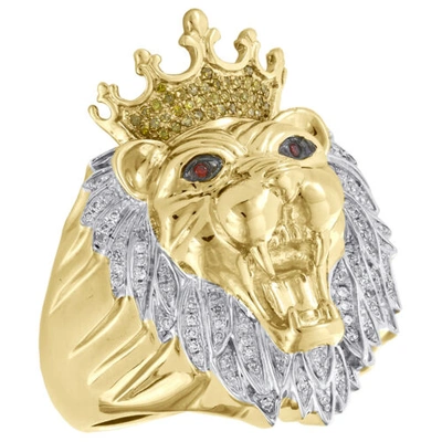 Pre-owned Jfl Diamonds & Timepieces 10k Yellow Gold Mens Diamond Lion Crown King Pinky Ring 33mm Pave Band 0.45 Ct.