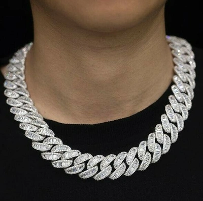 Pre-owned Online0369 15ct Baguette Cubic Zirconia 18mm X 20 Inch Cuban Link Necklace Silver In White