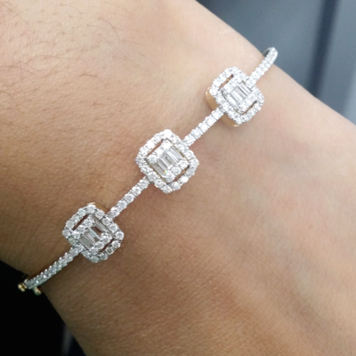 Pre-owned Handmade Deal 1.10ct 100% Natural Baguette Diamond Tennis Bangle Bracelet 18k Gold7.90mm In H