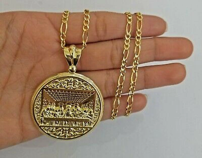 Pre-owned Globalwatches10 10k Yellow Gold Round Last Supper Charm With 22inch Figro Chain 4mm Real 10kt