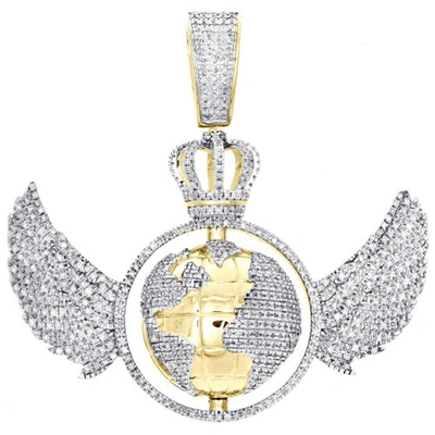Pre-owned Jfl Diamonds & Timepieces 10k Yellow Gold Diamond World Map Globe Crown Pendant Angel Wings Charm 1.71 Ct. In White