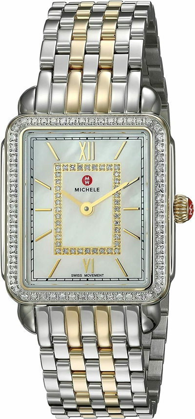 Pre-owned Michele Brand  Deco Ii Mid Diamond Two Tone Steel Ladies Watch (mww06i000004