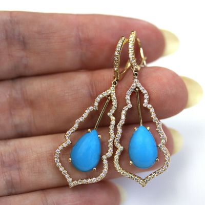 Pre-owned Jewelry By Arsa 5.6 Ctw Natural Blue Turquoise Diamond Solid 14k Yellow Gold Drop Earrings 45 Mm