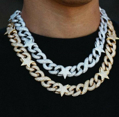Pre-owned Online0369 Men's Infinity Style Cuban Link With Star Necklace Chain 20" Long In 925 Silver In White