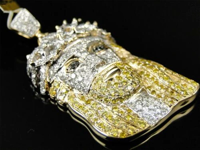 Pre-owned Jewelry Unlimited 10k Yellow Gold Mens Canary/white Mini Diamond Jesus Piece Pendant Charm 2.1 Ct