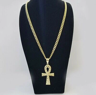 Pre-owned Globalwatches10 Real 10k Yellow Gold Men Ankh Cross Charm 20" Inch 6mm Miami Cuban Chain