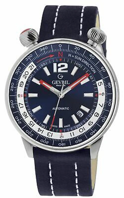 Pre-owned Gevril Men's 48566a Wallabout Solar Compass Swiss Automatic Blue Leather Watch