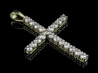 Pre-owned Jewelry Unlimited Unisex 10k Yellow Gold One Row Prong Genuine Diamond Cross Pendant Charm 1.45 Ct In H-i