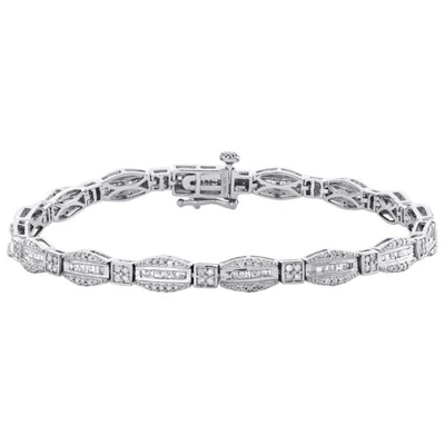 Pre-owned Jfl Diamonds & Timepieces 10k White Gold Round & Baguette Cut Diamond Bracelet 7" Hexagon Frame Link 1 Ct.