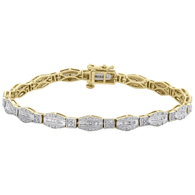 Pre-owned Jfl Diamonds & Timepieces 10k Yellow Gold Round & Baguette Cut Diamond Bracelet 7" Hexagon Frame Link 1 Ct In White