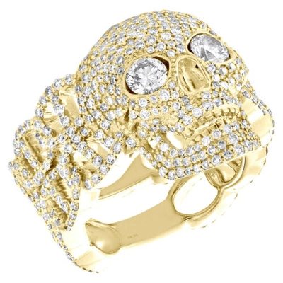 Pre-owned Jfl Diamonds & Timepieces 10k Yellow Gold Round Diamond Skull Head Statement Band 21mm Pinky Ring 3.45 Ct. In White