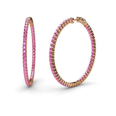 Pre-owned Trijewels Round Pink Sapphire 2 5/8 Ctw Inside-out Hoop Earrings 14k Rose Gold Jp:37570