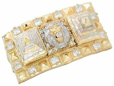 Pre-owned Jackani 10k Or 14k Two Tone Gold White Cz Mens Egyptian Lion Head Two Finger Ring