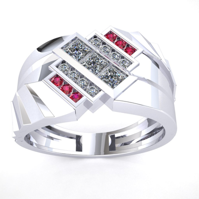 Pre-owned Jewelwesell Natural 0.65ct Princess Diamond Ruby 3row Mens Wedding Band Ring 18k Yellow Gold In F