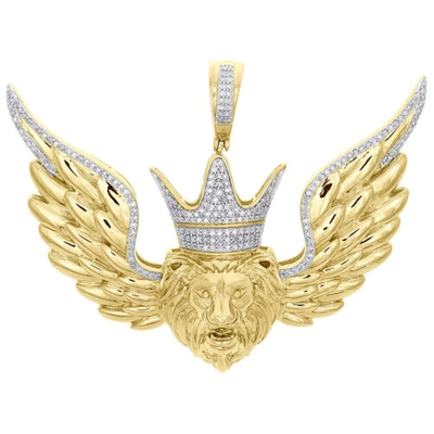 Pre-owned Jfl Diamonds & Timepieces 10k Yellow Gold Diamond Lion Face Crown Hat King Pendant 2.25" Pave Charm 1/2 Ct In White