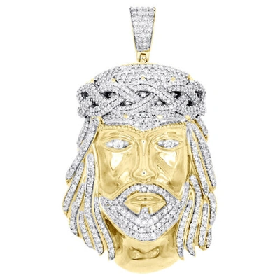 Pre-owned Jfl Diamonds & Timepieces 10k Yellow Gold Round Diamond Jesus Head Pendant 2" Statement Pave Charm 2.25 Ct In White