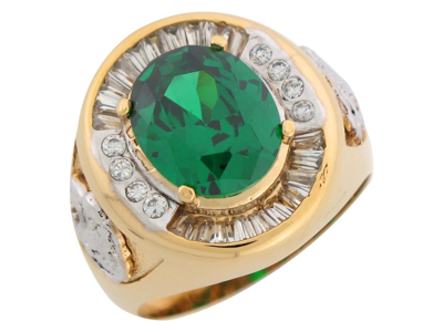 Pre-owned Jackani 10k Or 14k Two Tone Gold Simulated Emerald Cz Lion Head Accents Mens Ring In Green