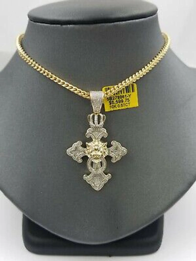 Pre-owned Globalwatches10 Real 10k Gold 0.57ct Diamond Cross Lion Head Charm With 10k 24" Franco Chain In Yellow