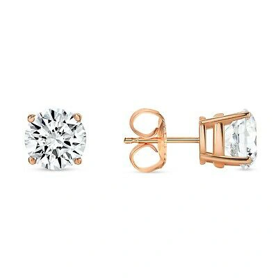 Pre-owned Shine Brite With A Diamond 2 Ct Round Lab Created Grown Diamond Earrings 14k Rose Gold E/vvs Basket Push In White/colorless